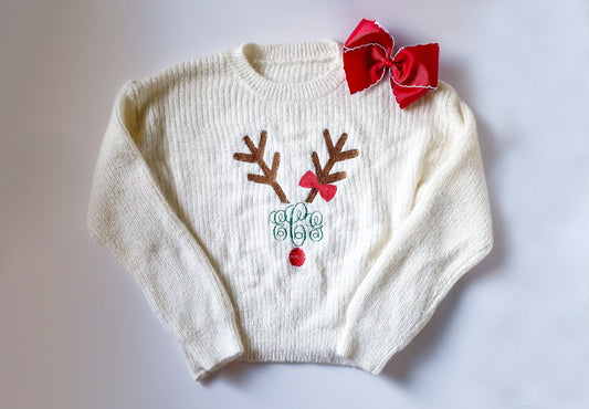 Girl's Monogrammed Reindeer Design Ribbed Crewneck Christmas Sweater With Matching Bow, Custom Sweater for Winter, Gift