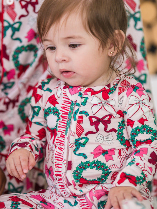 Baby Girls Bamboo Viscose Holly Bows Convertible Ruffle One Piece Footie Pajama