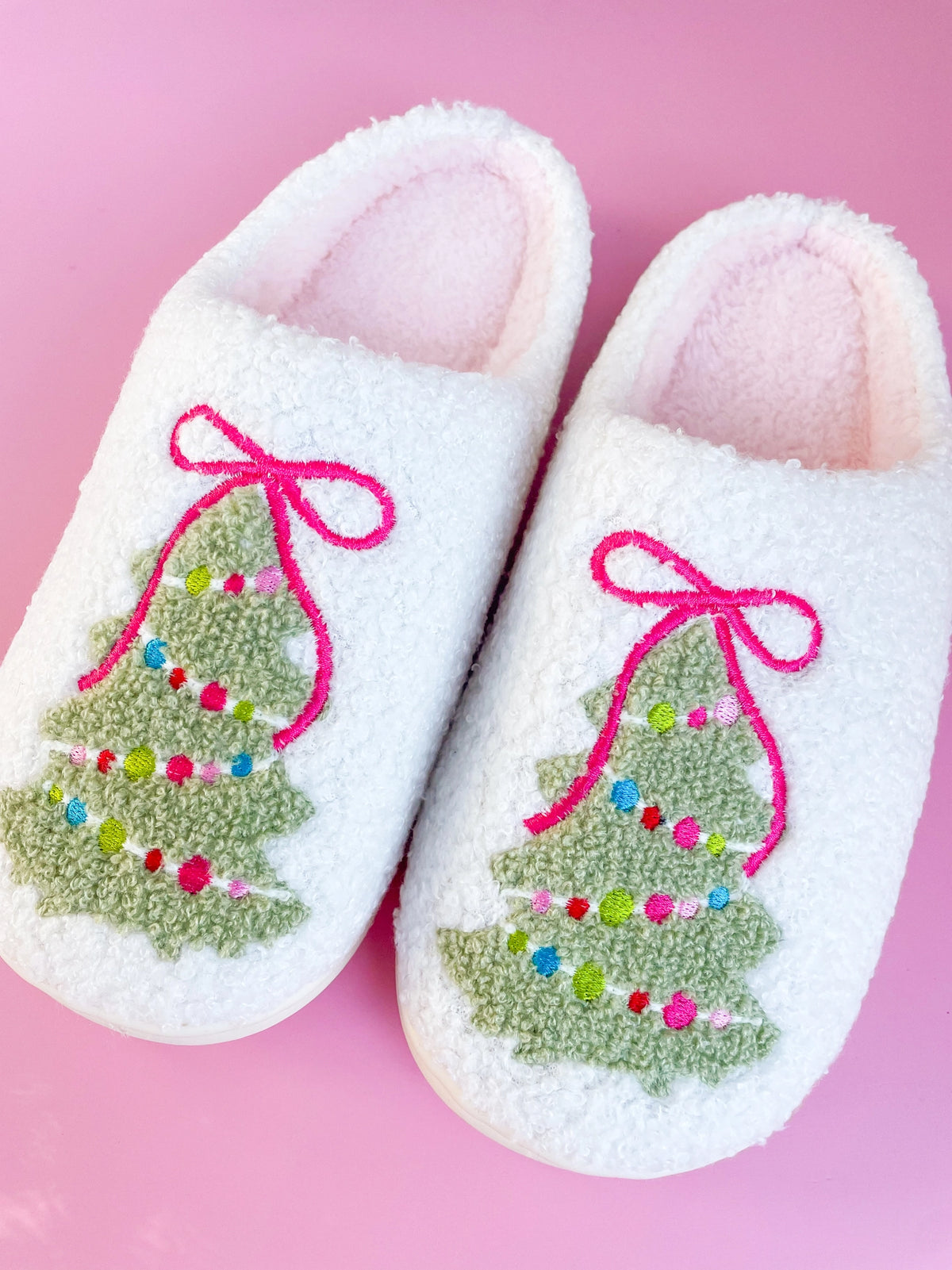 Pink Bow Christmas Tree slippers - Savannah Creations