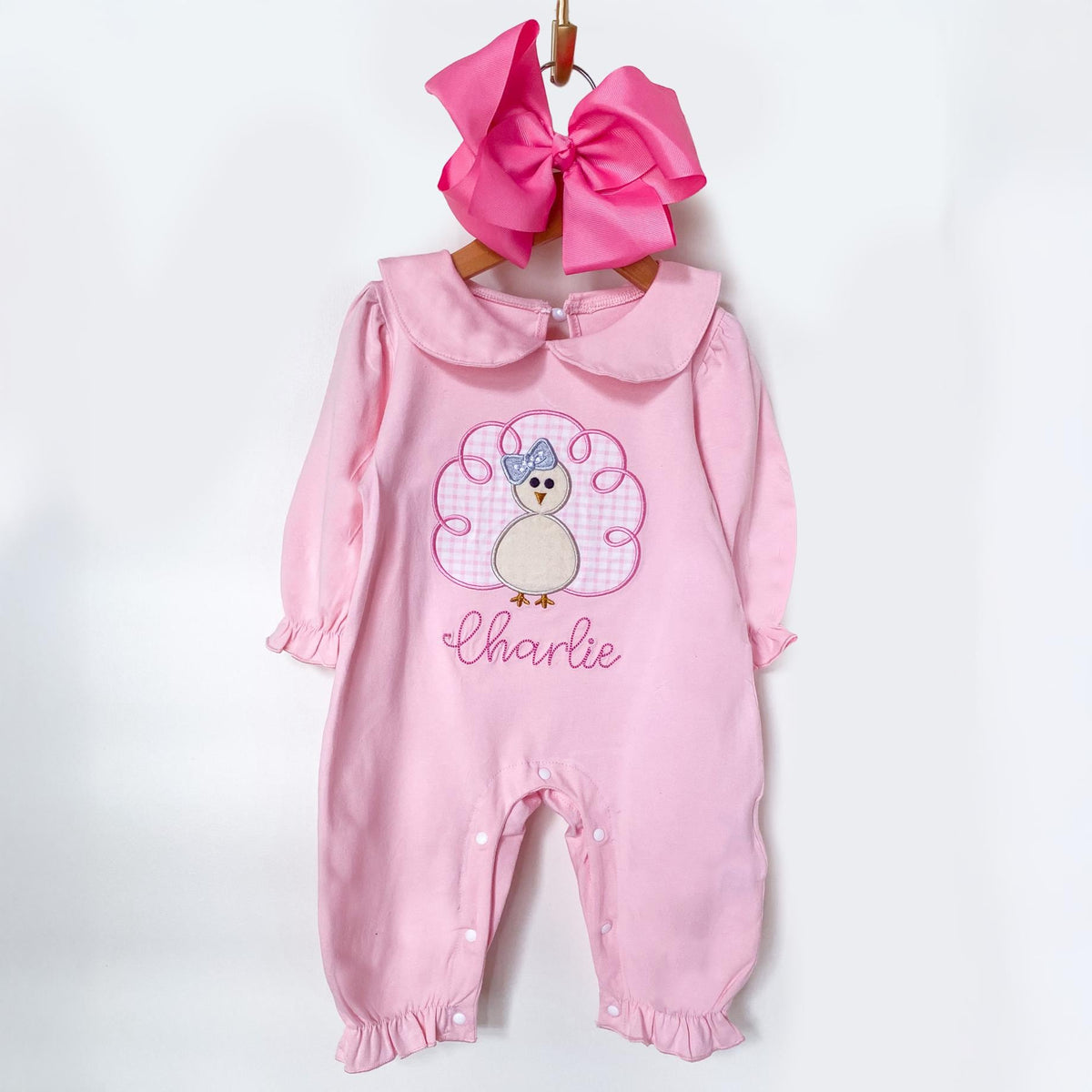 Personalized Baby Girl Thanksgiving Romper: Embroidered Turkey, Monogrammed