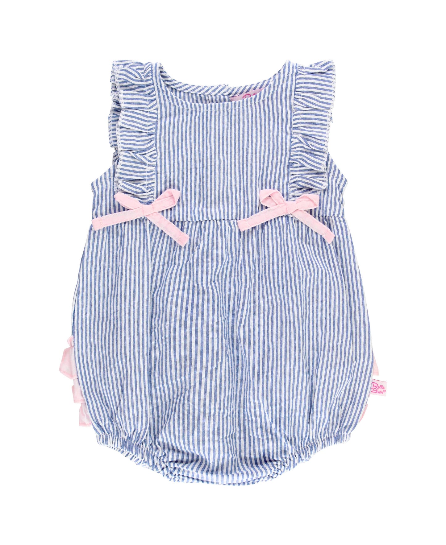 Baby Girls Blue Seersucker Classic Ruffle Bubble Romper - Savannah Creations