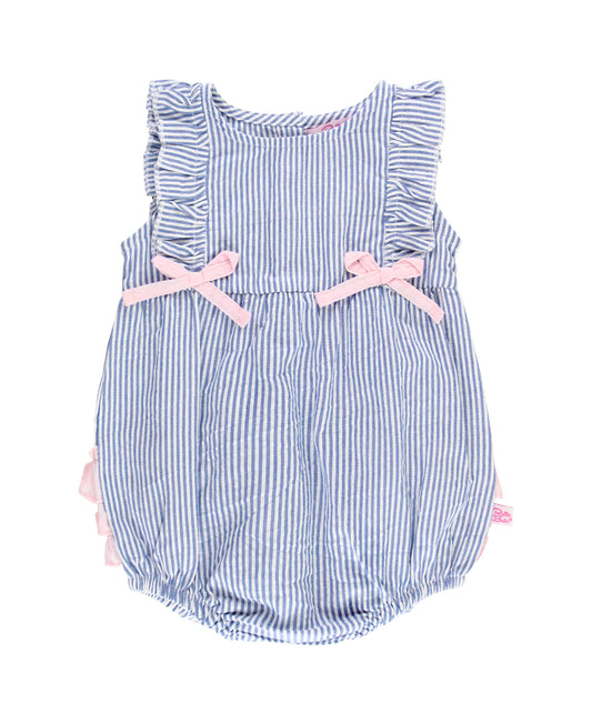 Baby Girls Blue Seersucker Classic Ruffle Bubble Romper - Savannah Creations