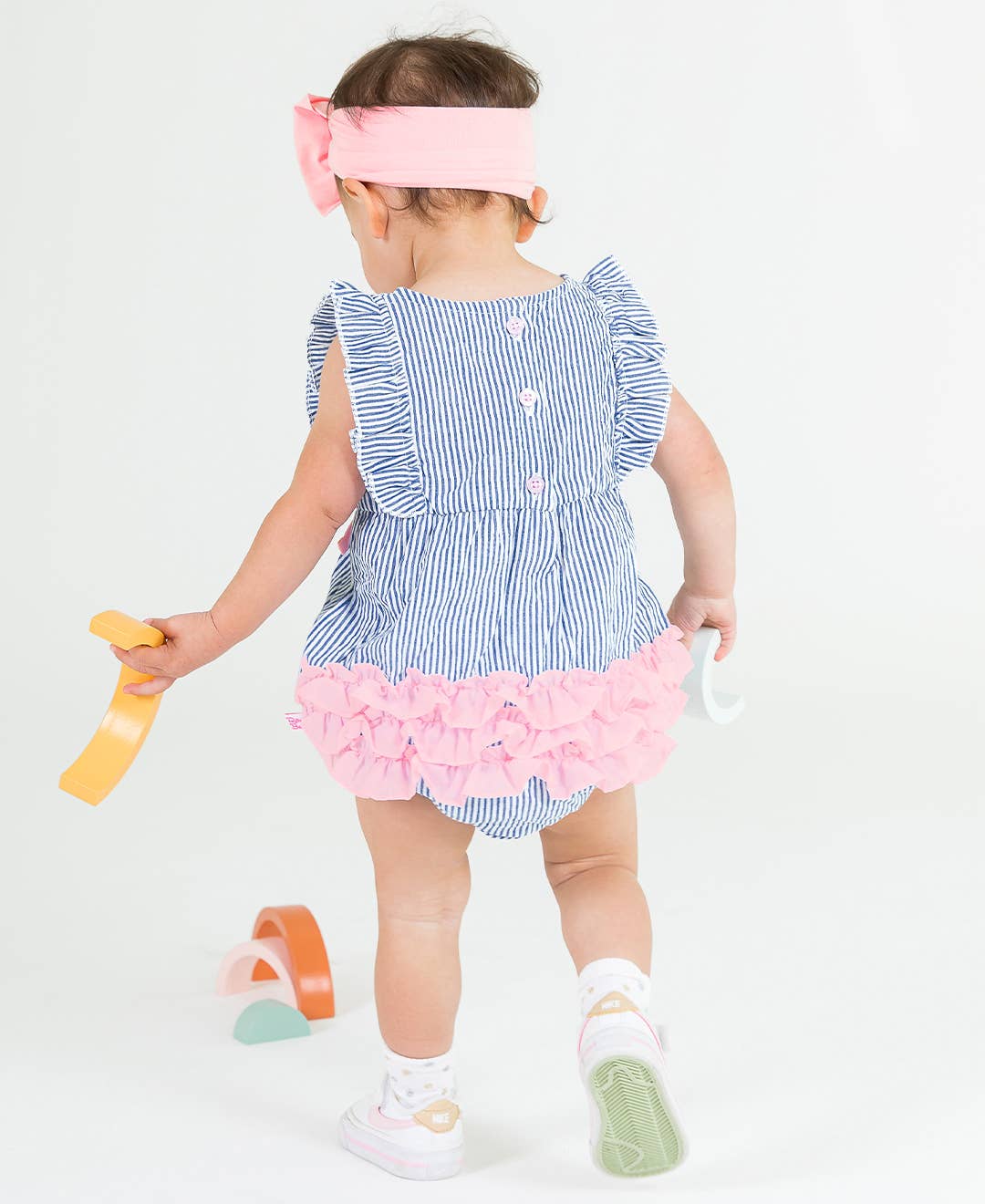 Baby Girls Blue Seersucker Classic Ruffle Bubble Romper - Savannah Creations