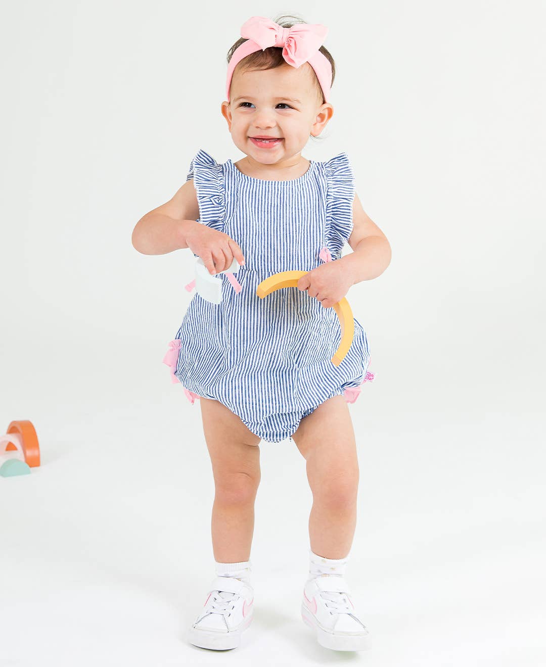 Baby Girls Blue Seersucker Classic Ruffle Bubble Romper - Savannah Creations