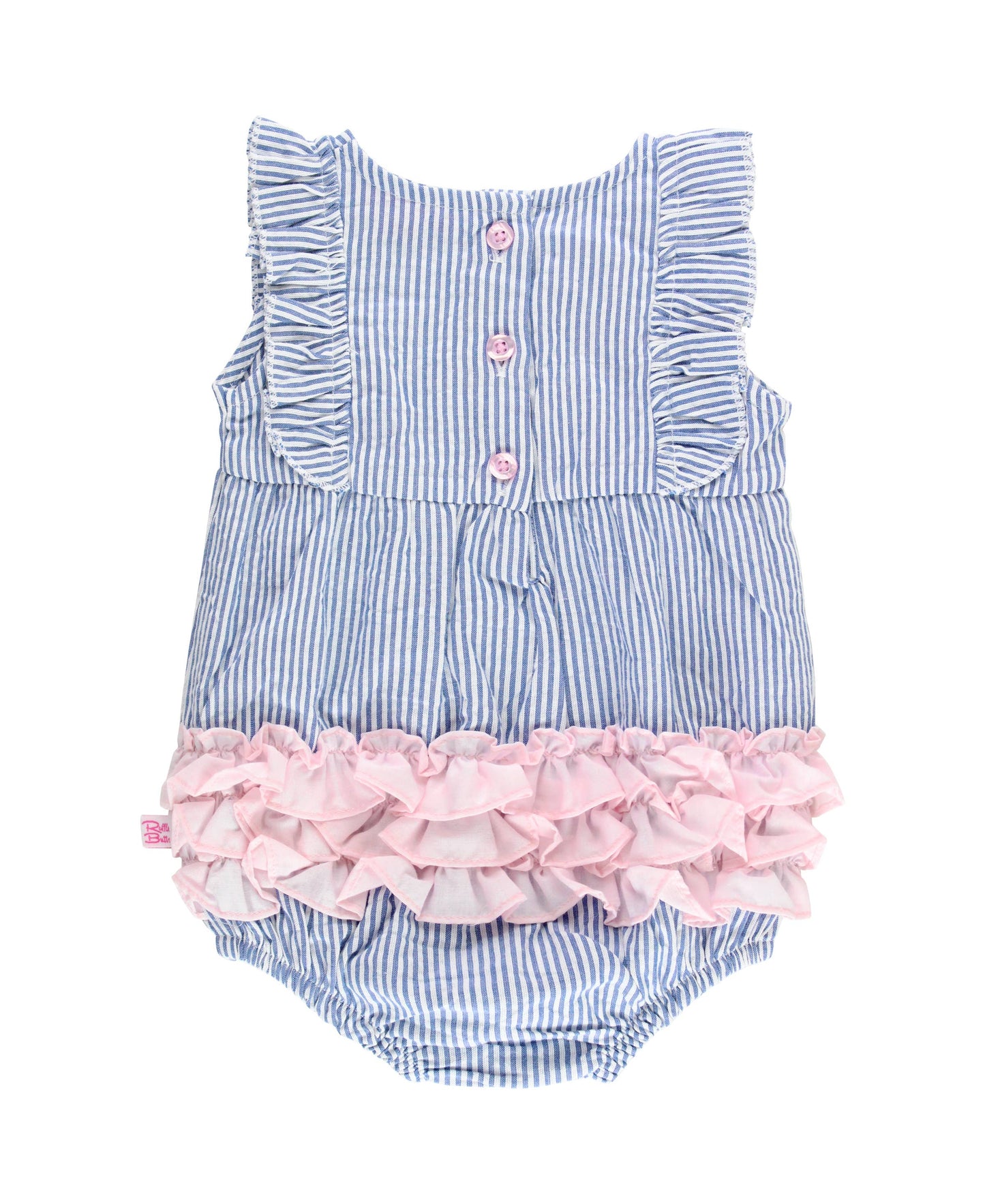 Baby Girls Blue Seersucker Classic Ruffle Bubble Romper - Savannah Creations