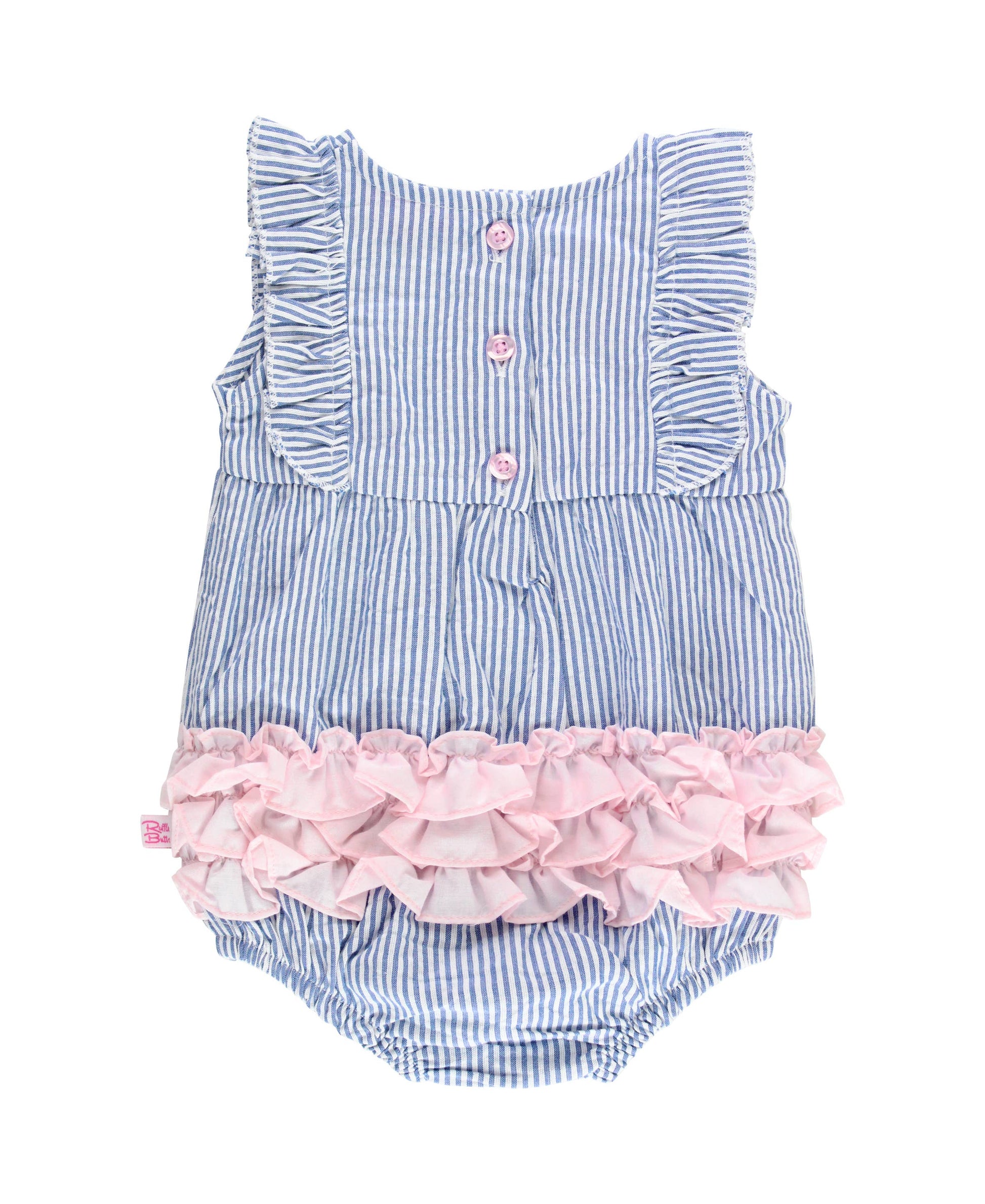 Baby Girls Blue Seersucker Classic Ruffle Bubble Romper - Savannah Creations