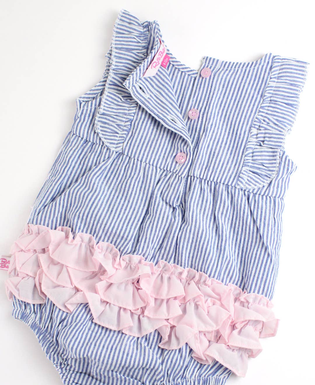 Baby Girls Blue Seersucker Classic Ruffle Bubble Romper - Savannah Creations