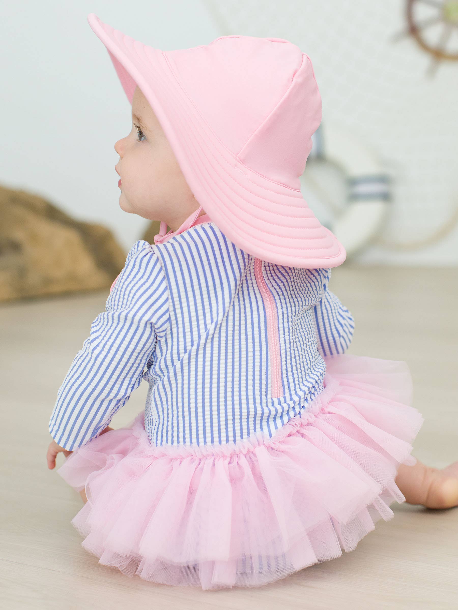 Baby Girls Periwinkle Blue Seersucker Tulle Skirted One Piece Rash Guard - Savannah Creations