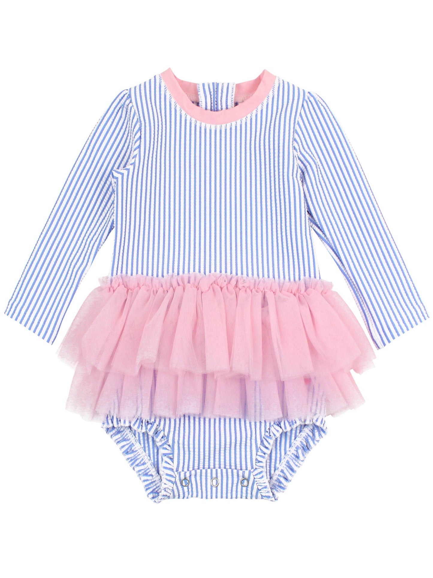 Baby Girls Periwinkle Blue Seersucker Tulle Skirted One Piece Rash Guard - Savannah Creations