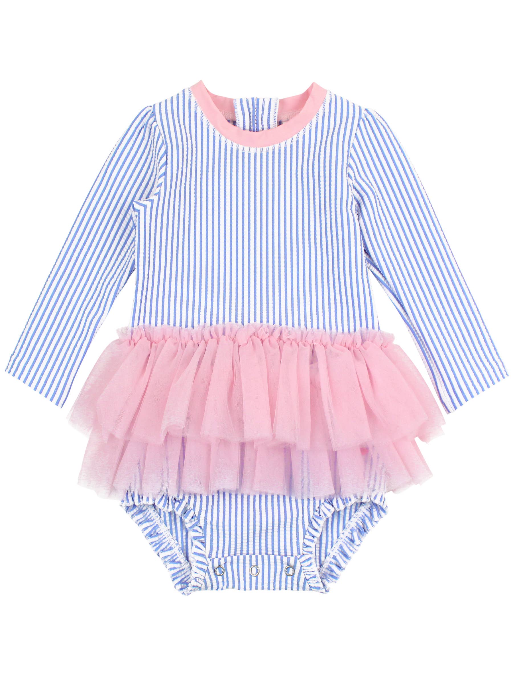 Baby Girls Periwinkle Blue Seersucker Tulle Skirted One Piece Rash Guard - Savannah Creations