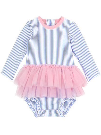 Baby Girls Periwinkle Blue Seersucker Tulle Skirted One Piece Rash Guard - Savannah Creations