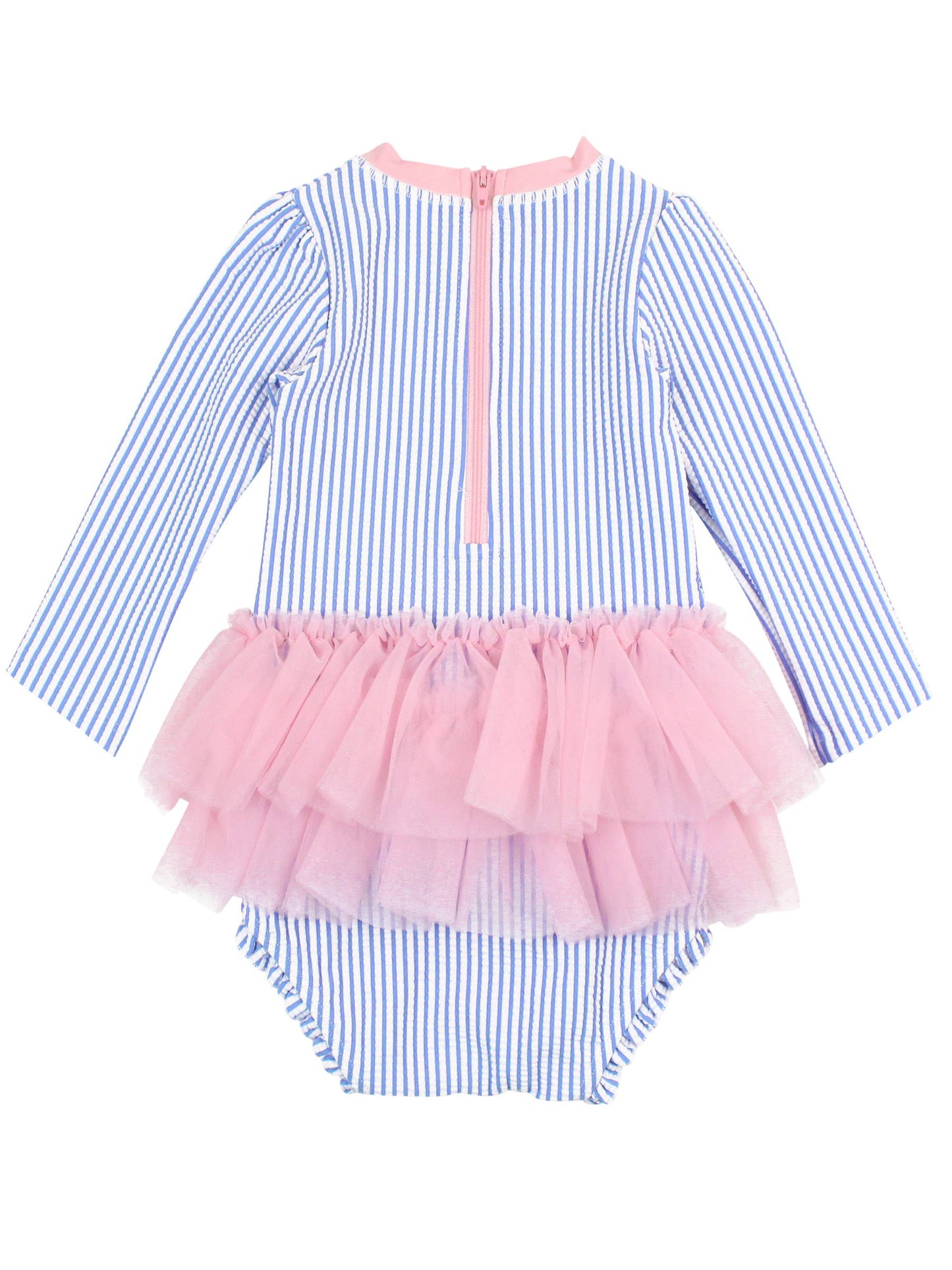 Baby Girls Periwinkle Blue Seersucker Tulle Skirted One Piece Rash Guard - Savannah Creations