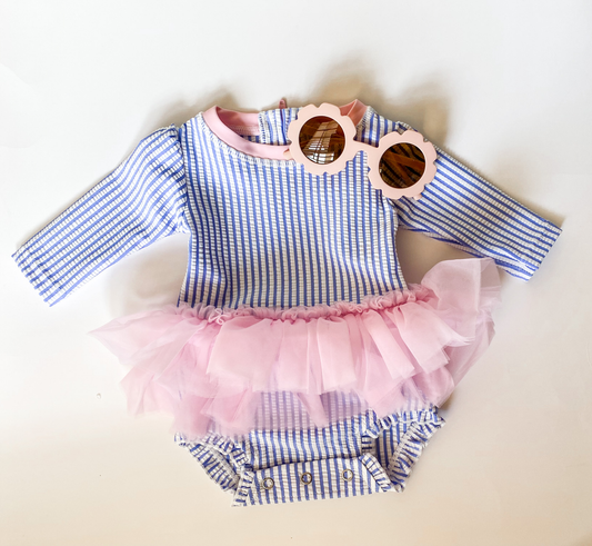 Baby Girls Periwinkle Blue Seersucker Tulle Skirted One Piece Rash Guard - Savannah Creations