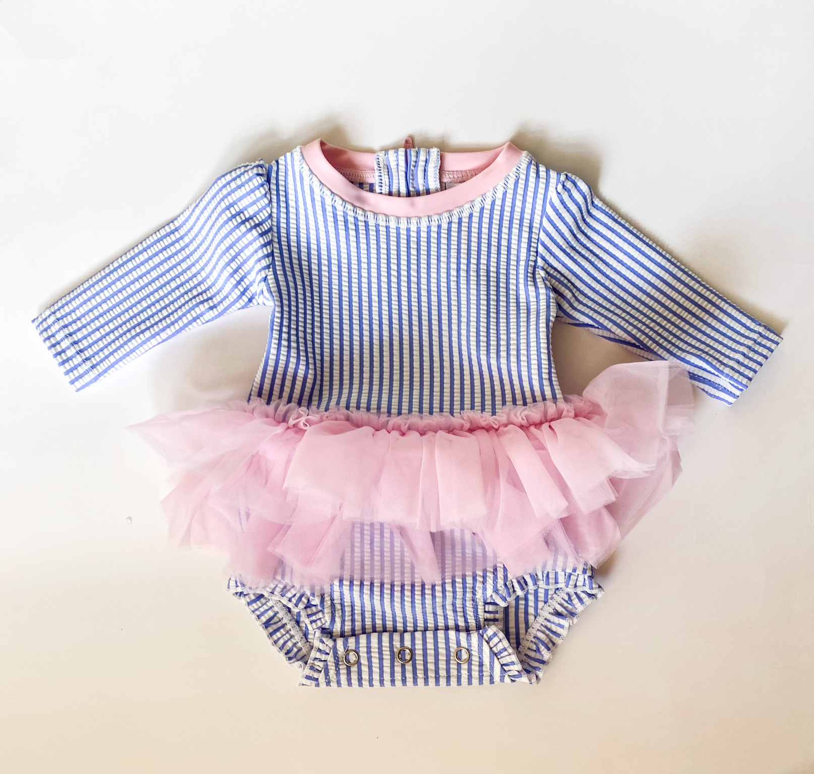 Baby Girls Periwinkle Blue Seersucker Tulle Skirted One Piece Rash Guard - Savannah Creations