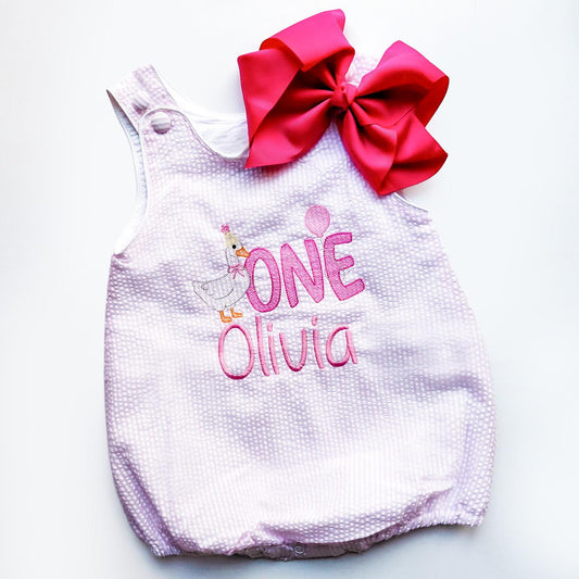 Baby Goose First Birthday Bubble Romper, Personalized 1st Birthday Outfit Girl, Goose Birthday Bubble, Pink Seersucker Birthday Outfit (etsy image id: 8075948281)