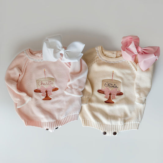 Baby Girl Monogrammed Birthday Romper, Customized Knitted Birthday Outfit