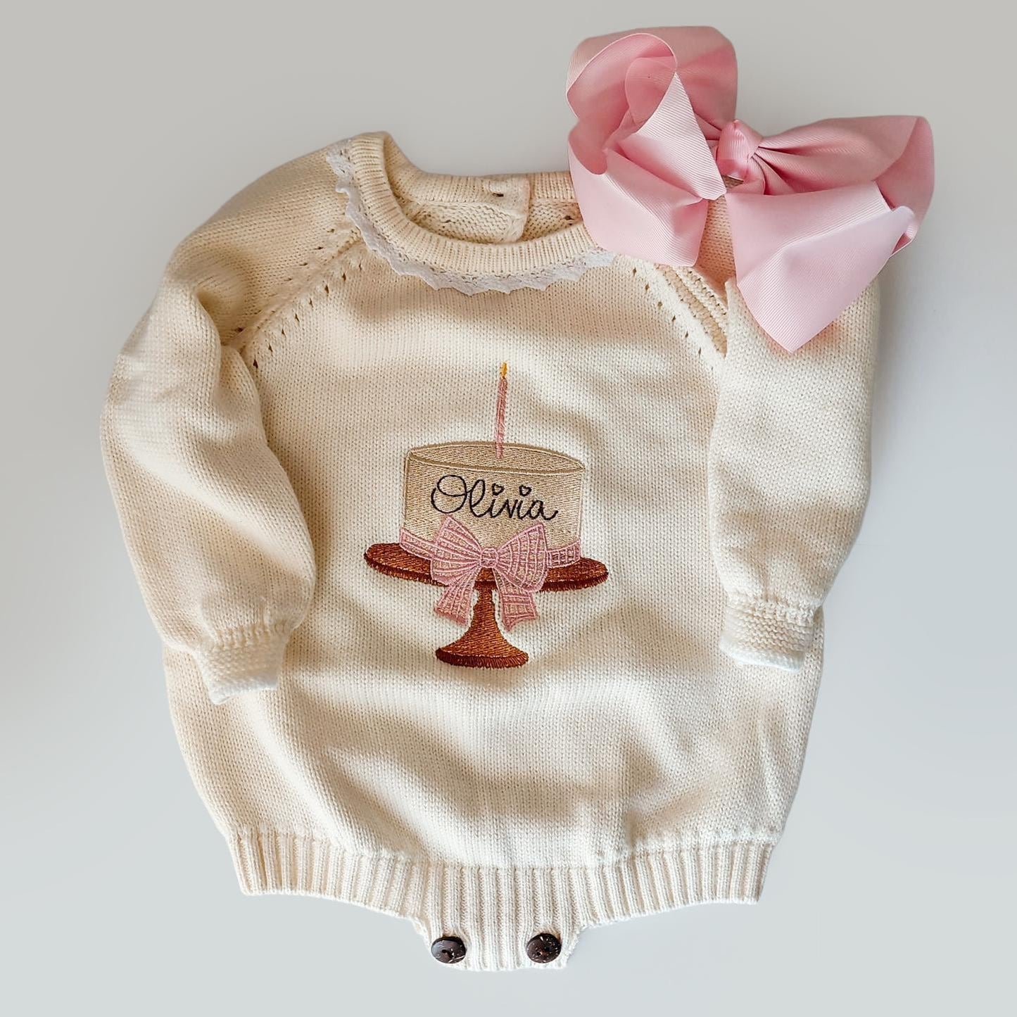 Baby Girl Monogrammed Birthday Romper, Customized Knitted Birthday Outfit