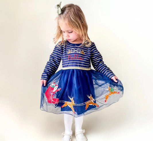 Blue Santa Tutu Dress with Gold Belt - Savannah Creations
