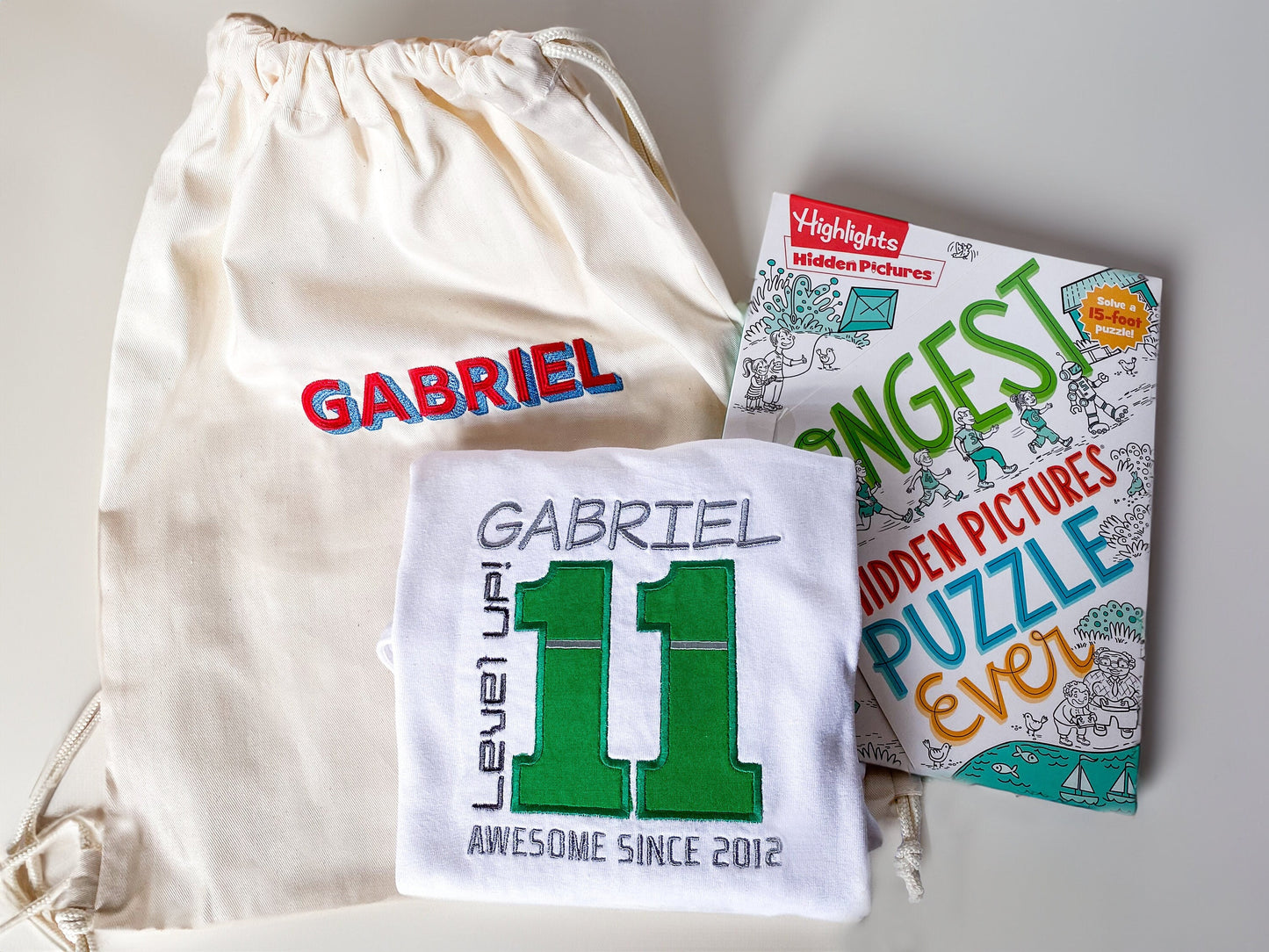Boy Birthday Gift Set: Embroidered Gamer Shirt, Activity Book, Monogrammed Bag