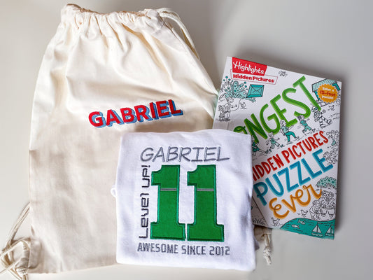 Boy Birthday Gift Set: Embroidered Gamer Shirt, Activity Book, Monogrammed Bag