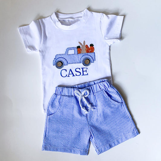 Boy's Personalized Easter Outfit: Embroidered Bunny Truck, Seersucker Shorts