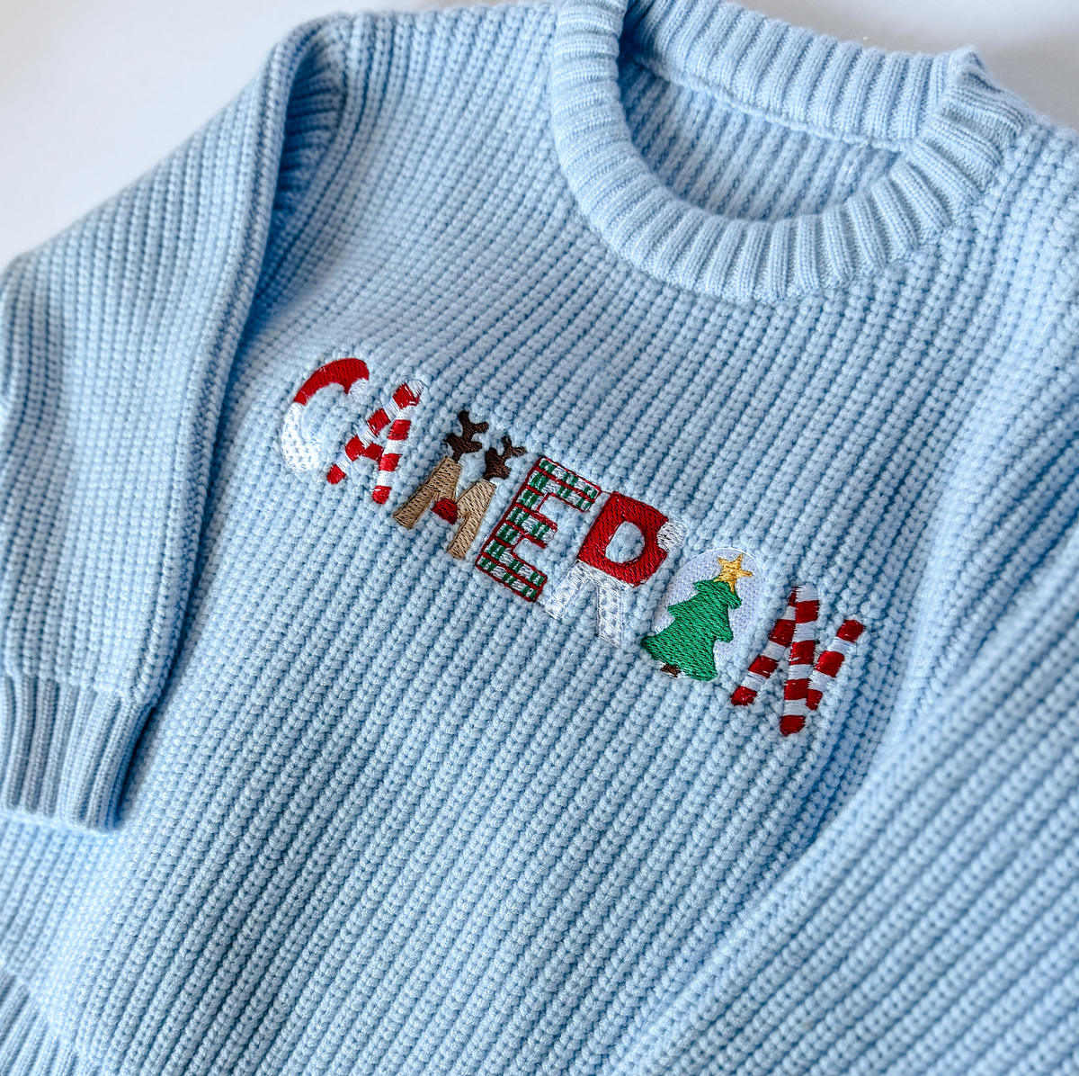 Boys' Personalized Christmas Name Sweater — Baby Blue - Savannah Creations