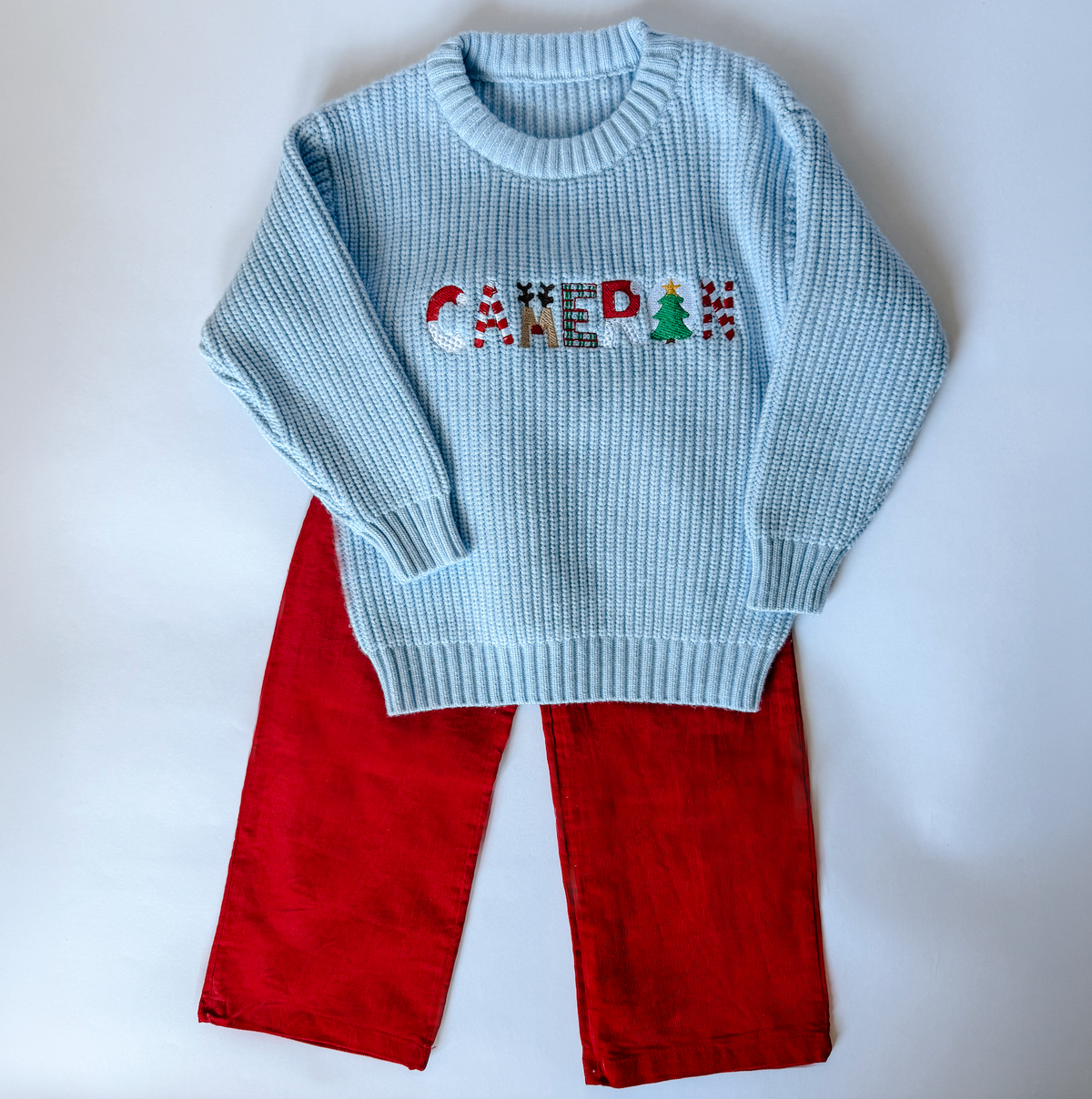 Boys' Personalized Christmas Name Sweater — Baby Blue - Savannah Creations