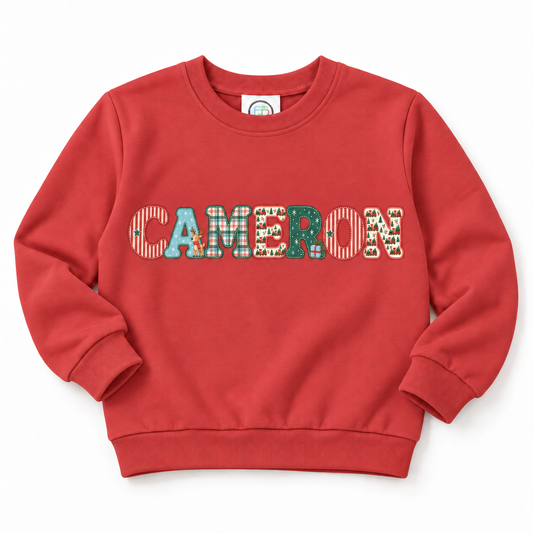 Boys’ Personalized Christmas Name Sweatshirt — Muted Red - Savannah Creations