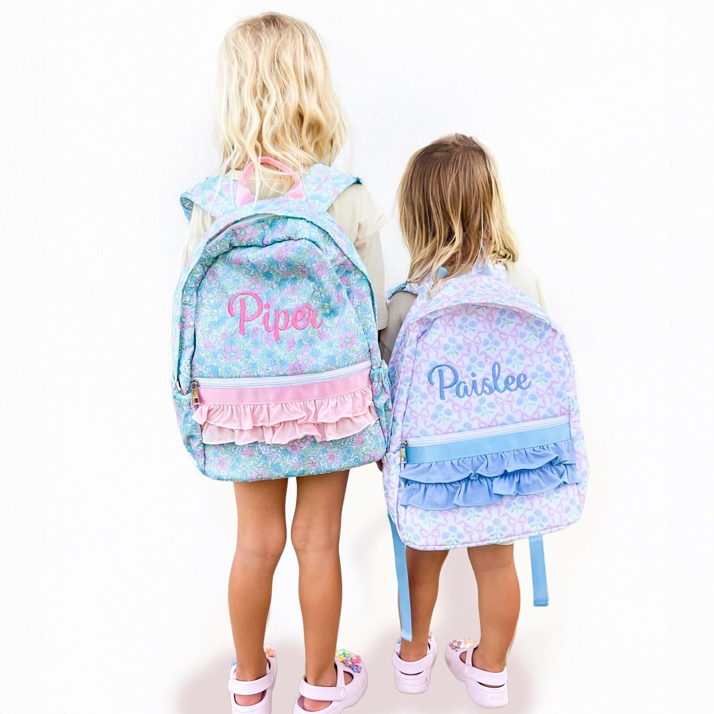 Monogrammed Coquette Backpack: Bow & Flower Ruffle, Nylon, First Day of School