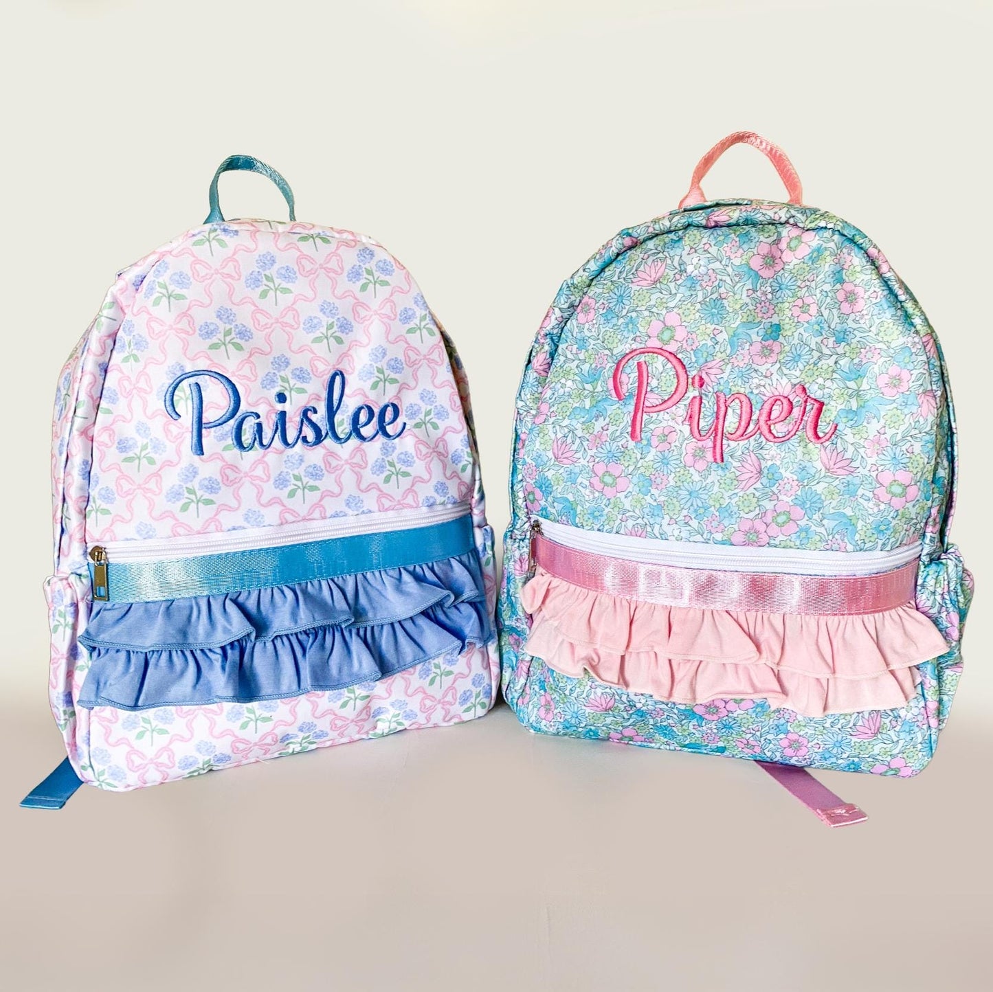 Monogrammed Coquette Backpack: Bow & Flower Ruffle, Nylon, First Day of School