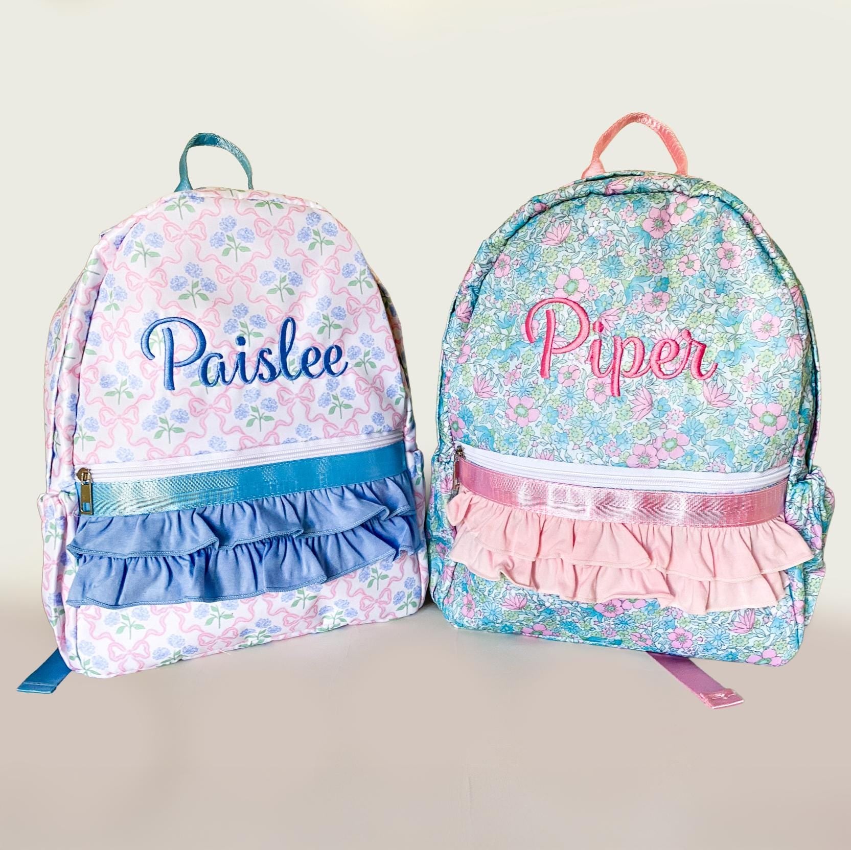 Monogrammed Coquette Backpack: Bow & Flower Ruffle, Nylon, First Day of School