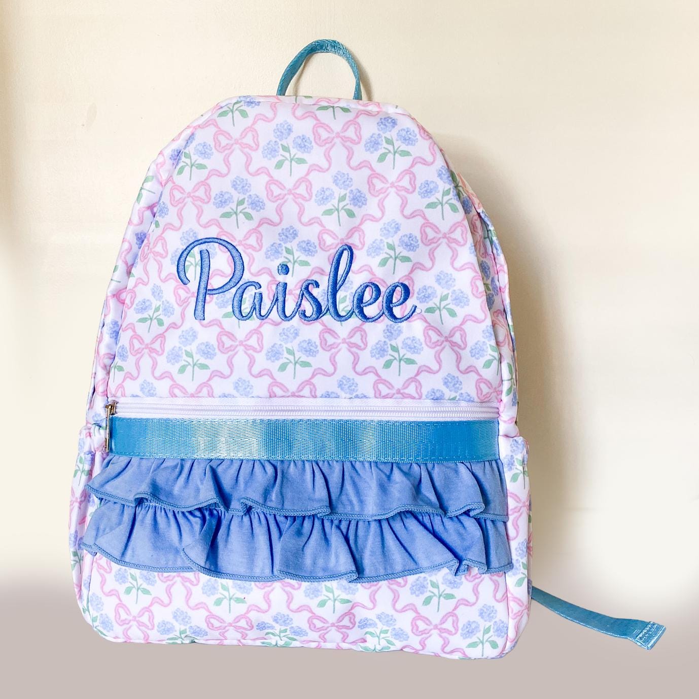 Monogrammed Coquette Backpack: Bow & Flower Ruffle, Nylon, First Day of School