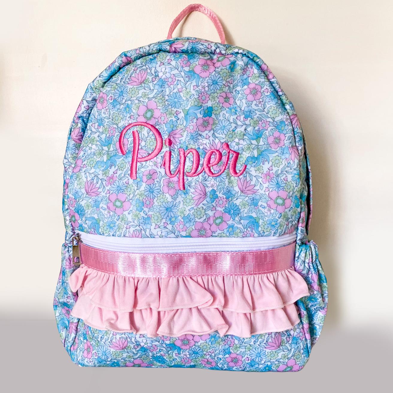Monogrammed Coquette Backpack: Bow & Flower Ruffle, Nylon, First Day of School