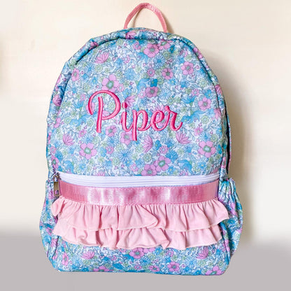 Monogrammed Coquette Backpack: Bow & Flower Ruffle, Nylon, First Day of School