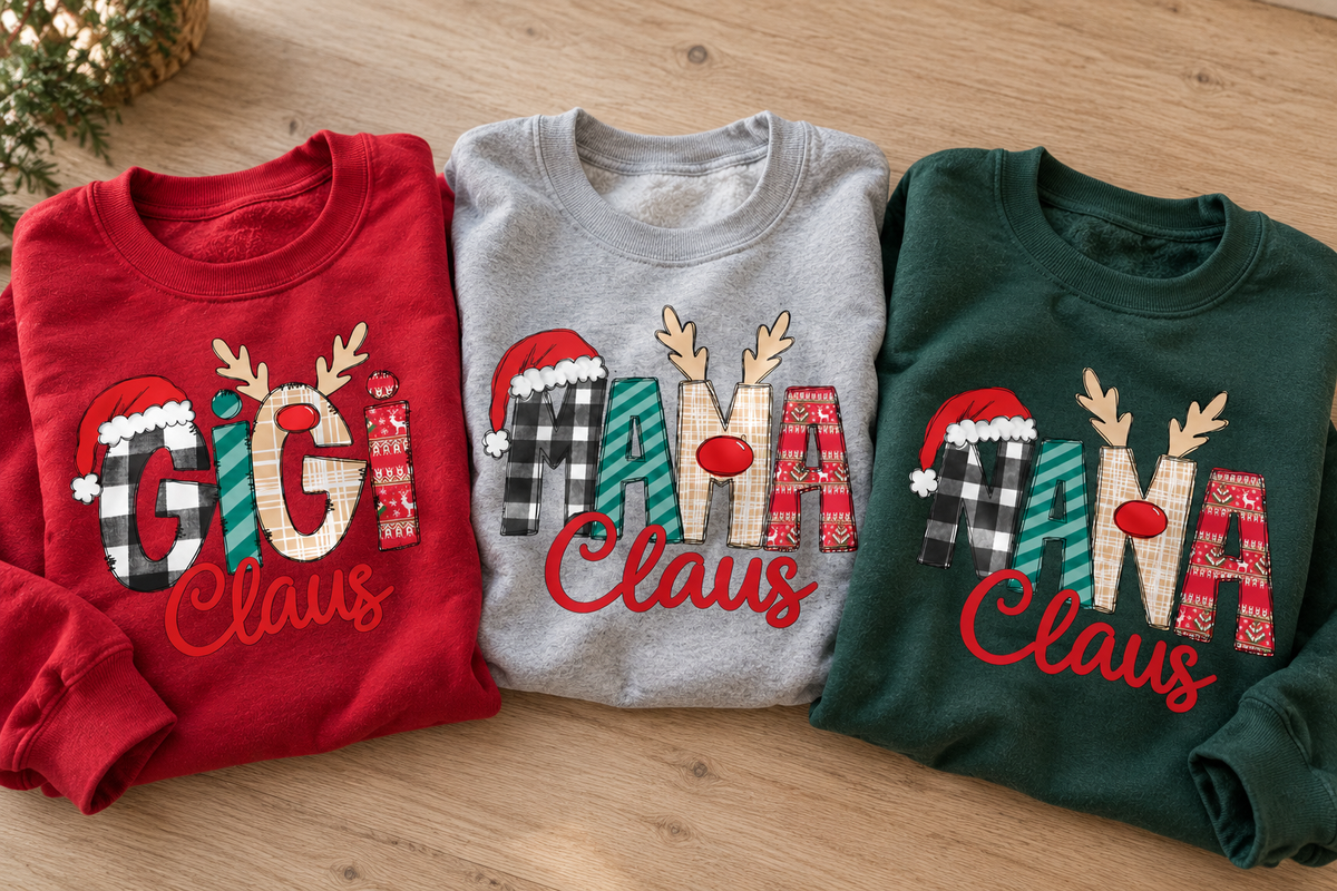 Close-up of folded red, grey and green personalized Claus sweatshirts with festive GiGi, MAMA and NANA designs.