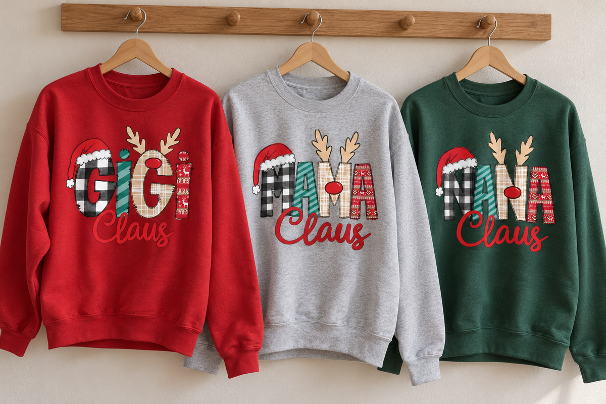 Hanging red, grey and green Claus sweatshirts showing festive GiGi, MAMA and NANA lettering with Santa hats and reindeer antlers.