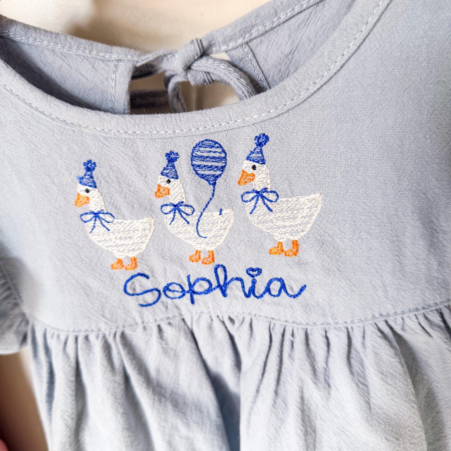 Custom Embroidered Birthday Goose Linen Dress for Girls 4-5 / Pink