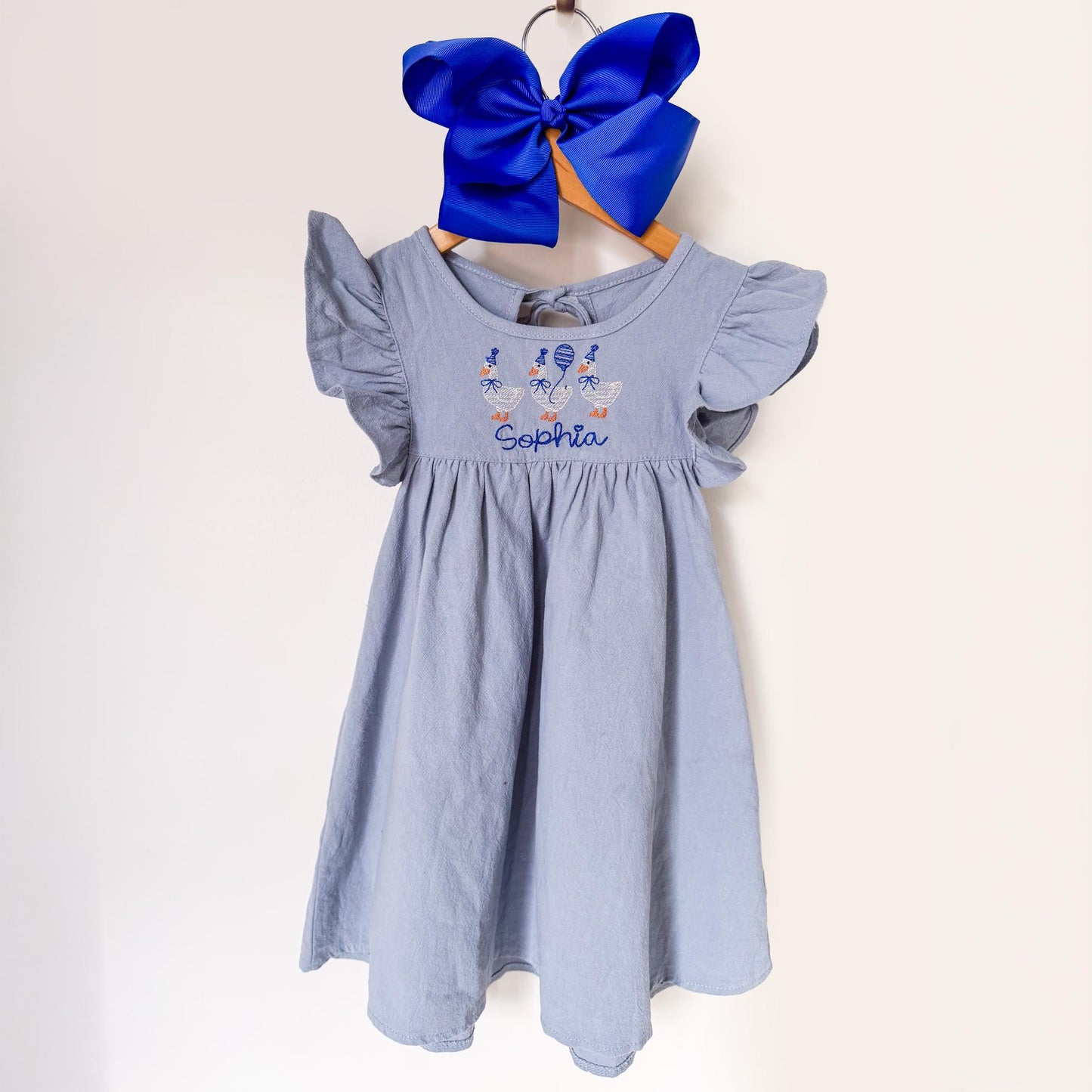 Girls Goose Birthday Dress, Monogrammed Linen Summer and Spring Dress, Embroidered Name