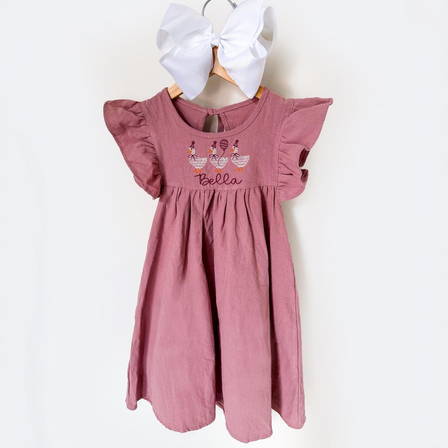 Girls Goose Birthday Dress, Monogrammed Linen Summer and Spring Dress, Embroidered Name