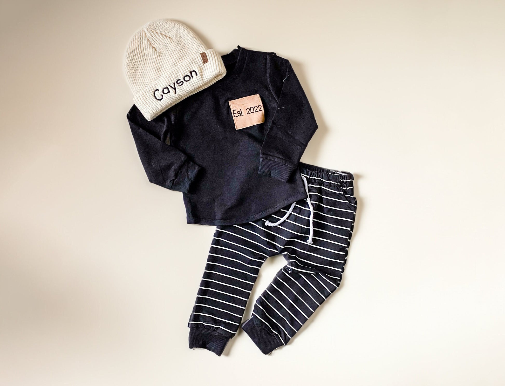 Custom Baby Boy Outfit: Monogrammed Beanie & Striped Sweatsuit