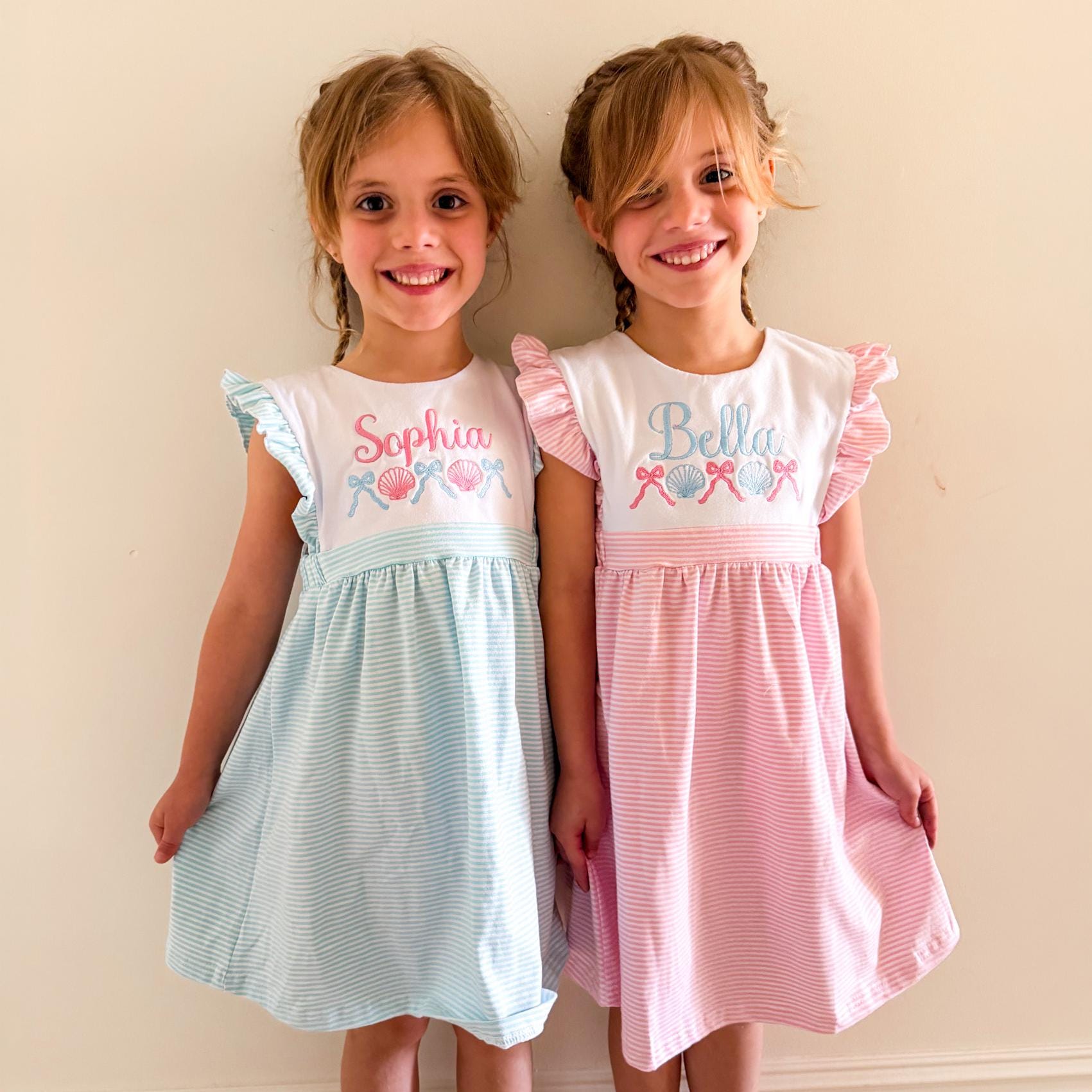 Custom Embroidered Striped Summer Dress with Ruffle Sleeves - Personalized Beach Outfit for Girls __etsy:7970600916