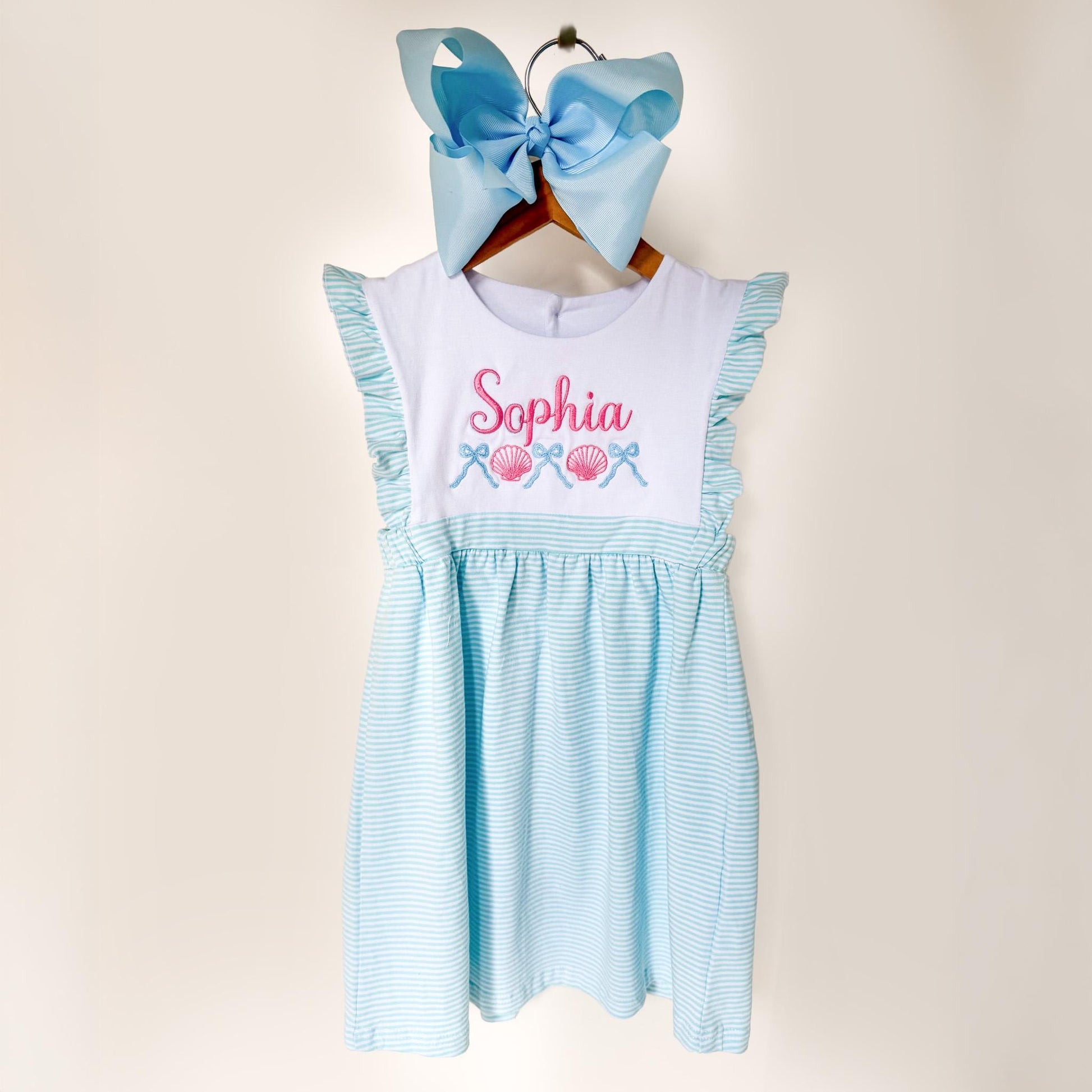 Custom Embroidered Striped Summer Dress with Ruffle Sleeves - Personalized Beach Outfit for Girls __etsy:7970600808