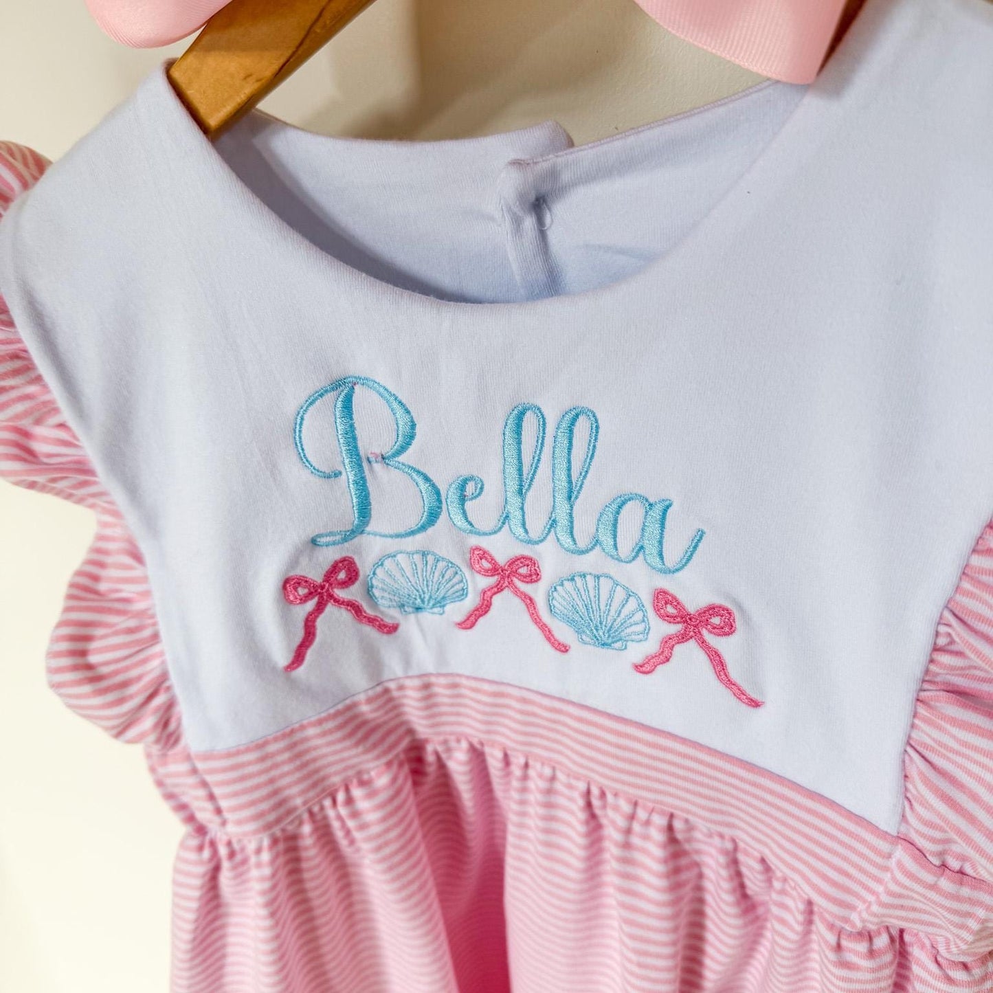 Custom Embroidered Striped Summer Dress with Ruffle Sleeves - Personalized Beach Outfit for Girls __etsy:7970600910