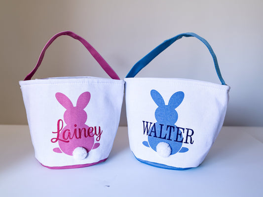 Customized Monogrammed Easter Basket, Canvas Easter Basket For Boys For Girls, Pom Pom Bunny Tail, Multi Color