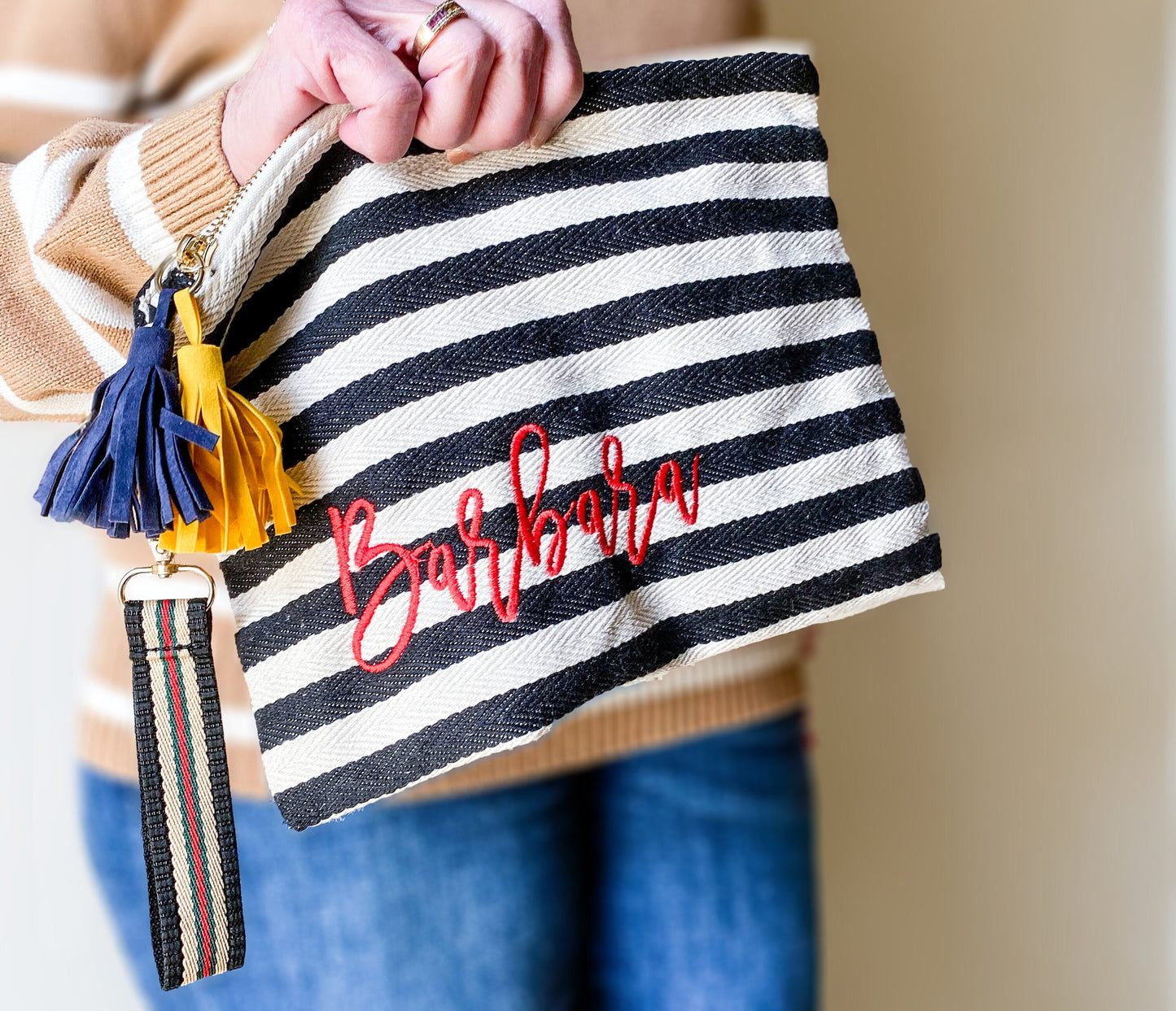Elegant Monogram Stripe Canvas Clutch with Tassel Accent - Savannah Creations