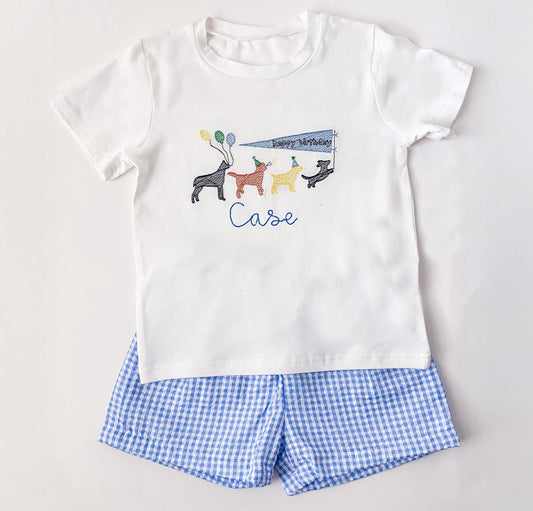 Embroidered Birthday Boy Puppy Outfit: Personalized Cotton Shirt & Shorts Set