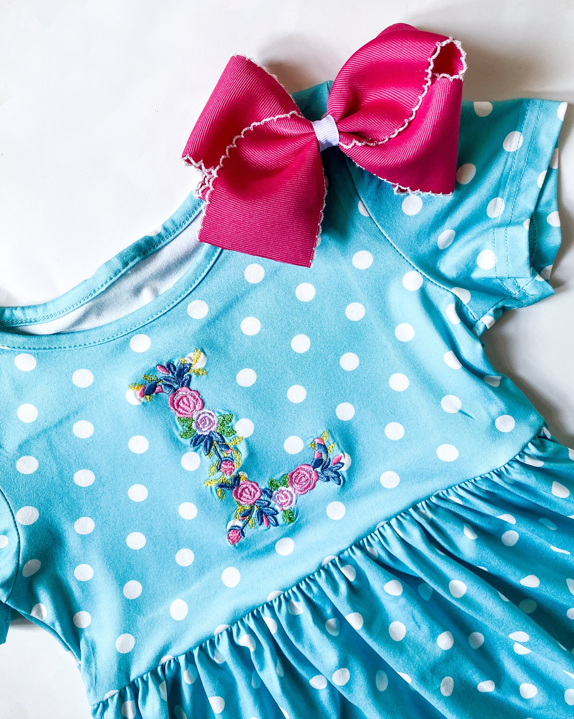 Embroidered Floral Monogram Girl's Dress with Bow