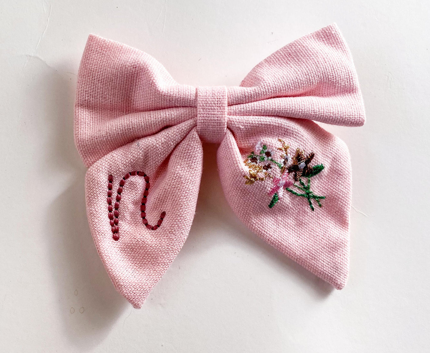 Embroidered Linen Hair Bow: Personalized Initial & Flowers