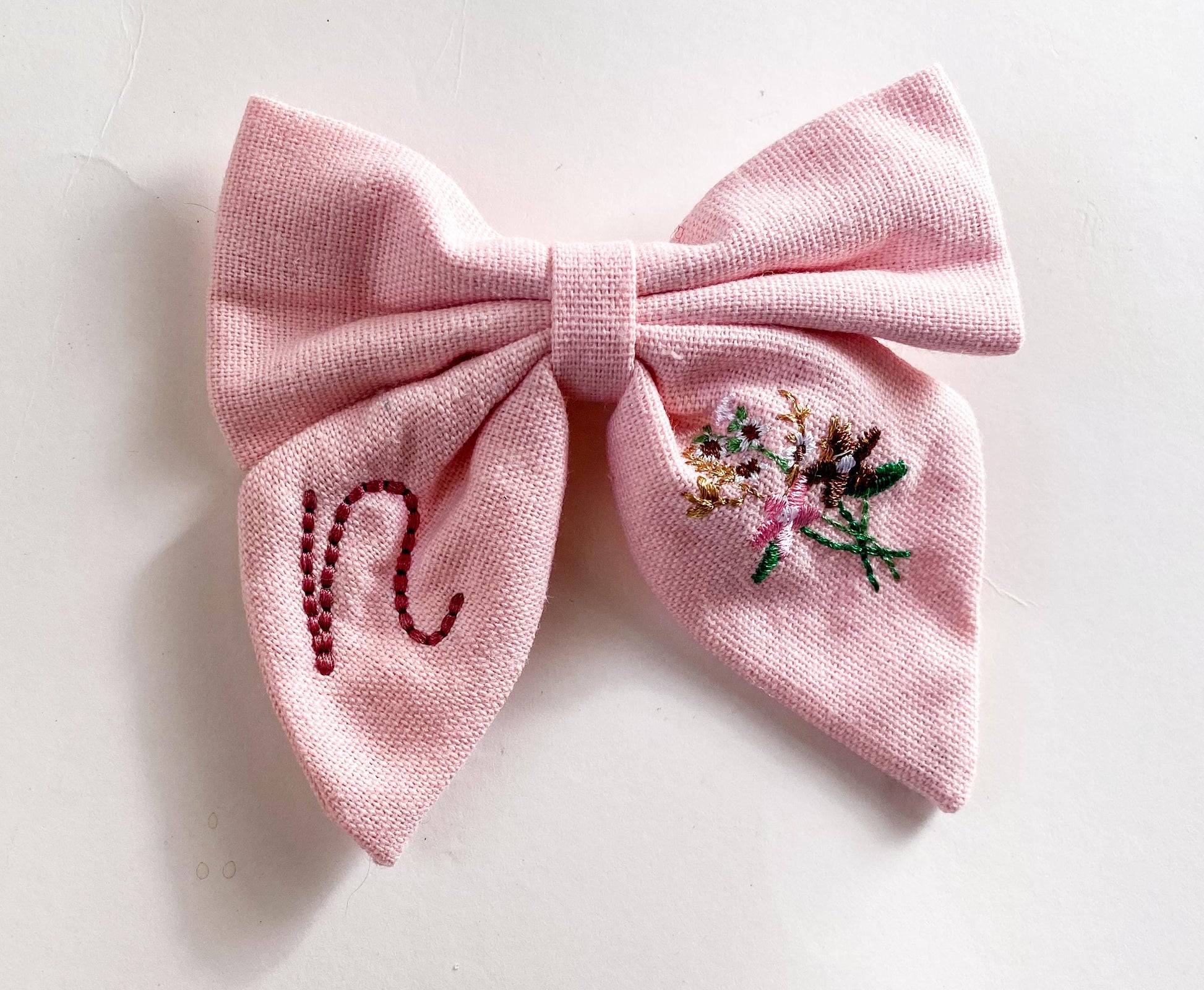 Embroidered Linen Hair Bow: Personalized Initial & Flowers