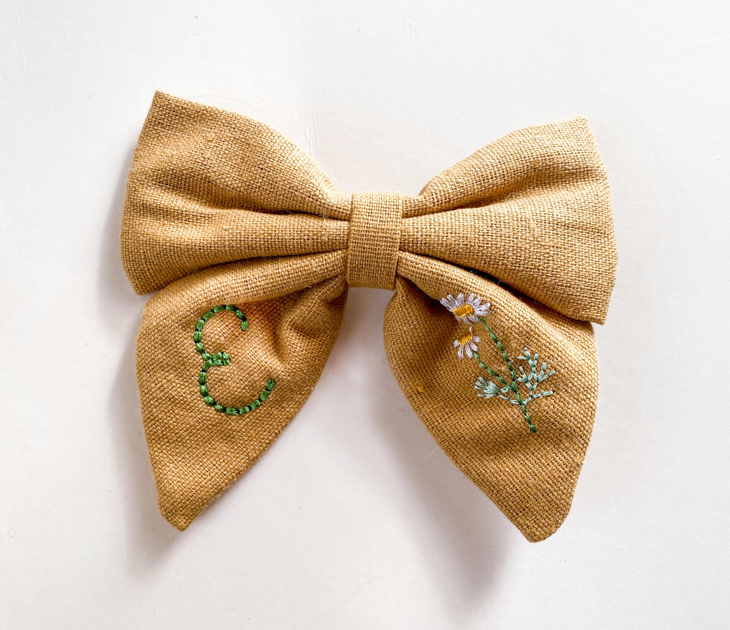Embroidered Linen Hair Bow: Personalized Initial & Flowers